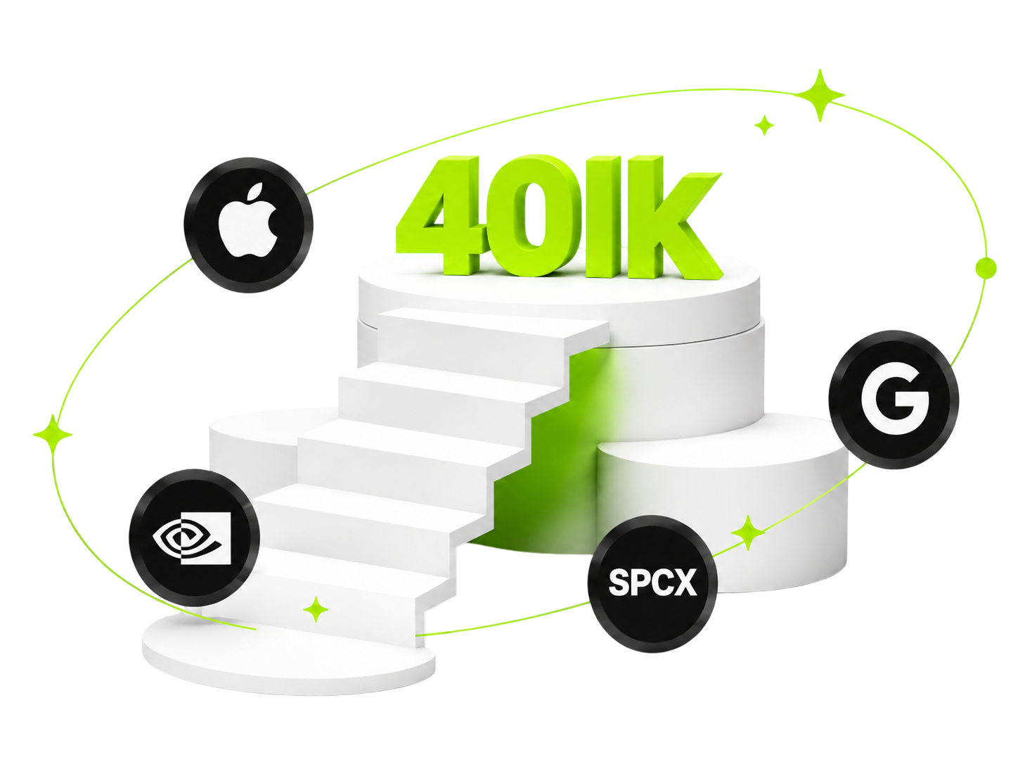 3D illustration of a 401k podium with AAPL, GOOGL, NVDA and SPCX coin icons orbiting it